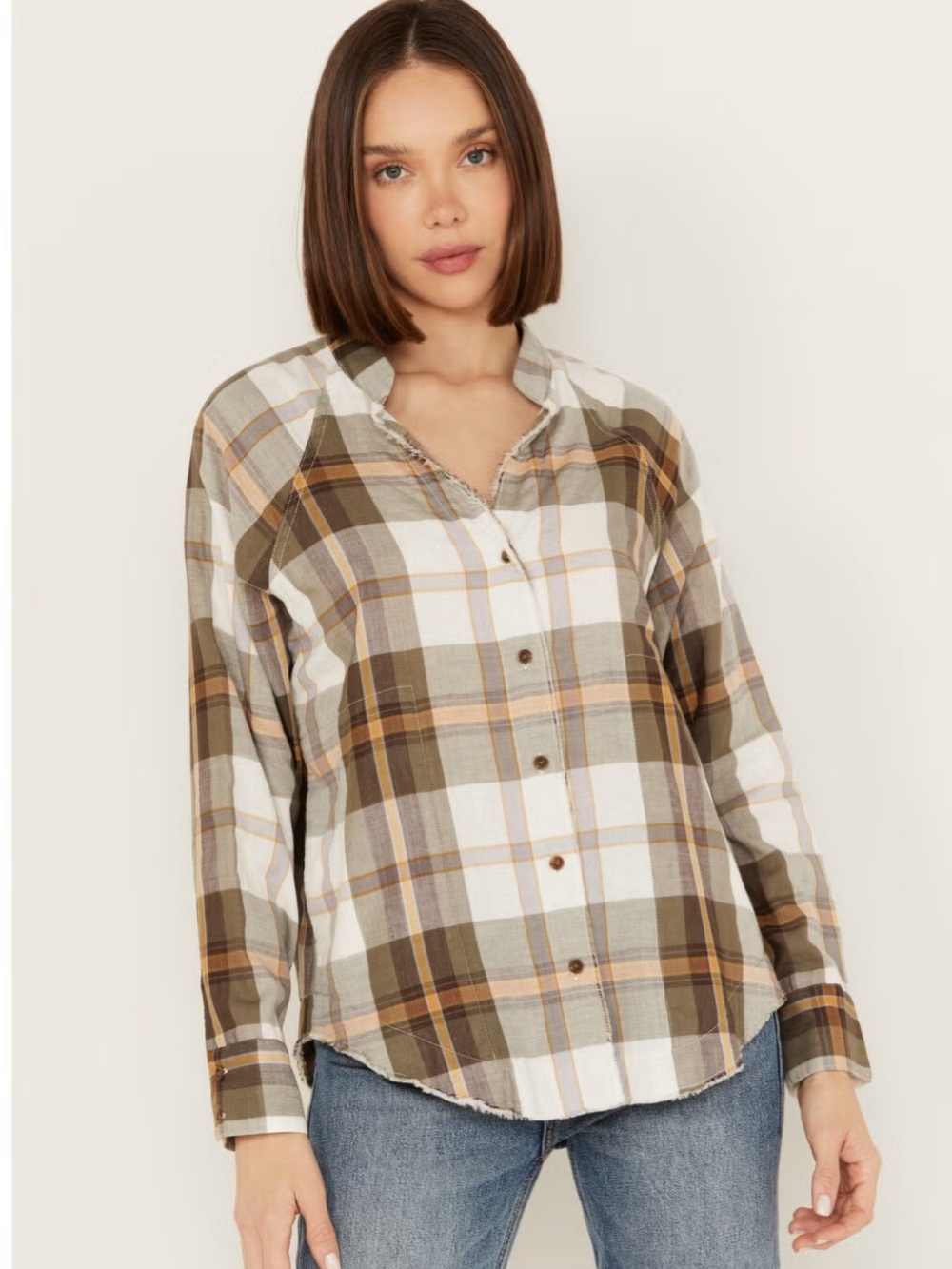 Rails Raw Edge Raglan Plaid Button-Down Shirt in Brown and White with pockets